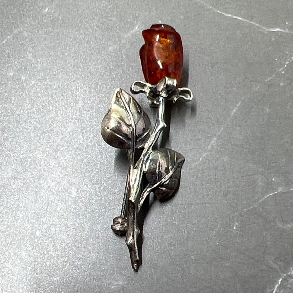 925 Carved Baltic Amber Rose Pin